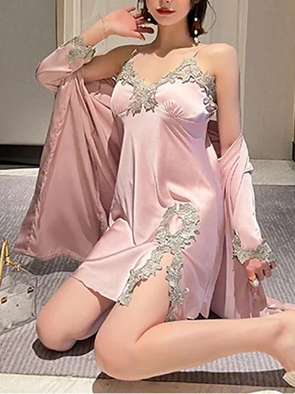 Luxurious Women's Satin Silk Nightgown Sets with V-Neck and Long Sleeves