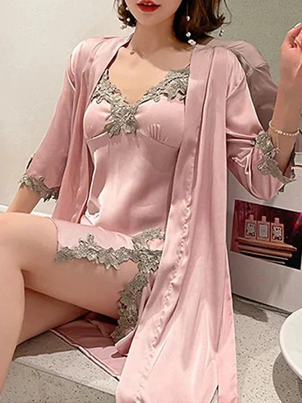 Luxurious Women's Satin Silk Nightgown Sets with V-Neck and Long Sleeves