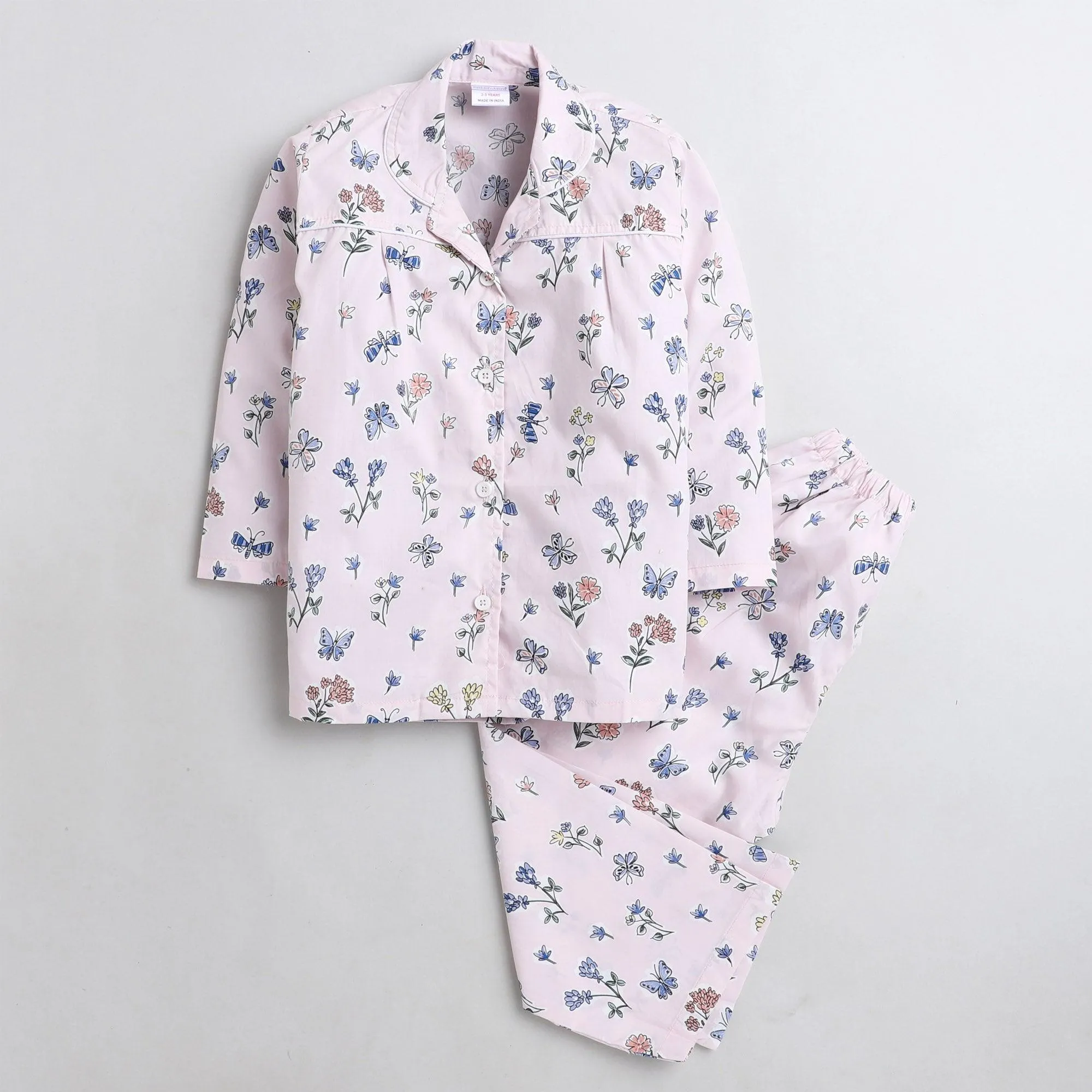 Polka Tots Full sleeve butterfly print night suit - Pink