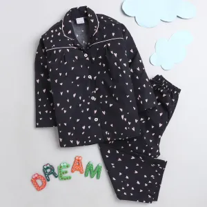 Polka Tots Full sleeve heart  print night suit - black