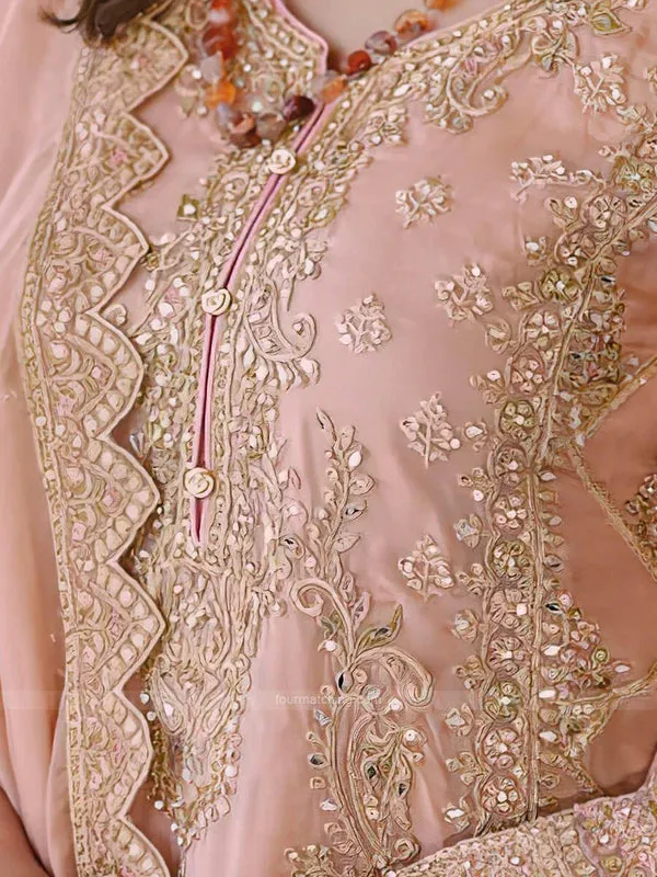 Pretty Peach Color Soft Organza Embroidery Work Salwar Suits With Dupatta