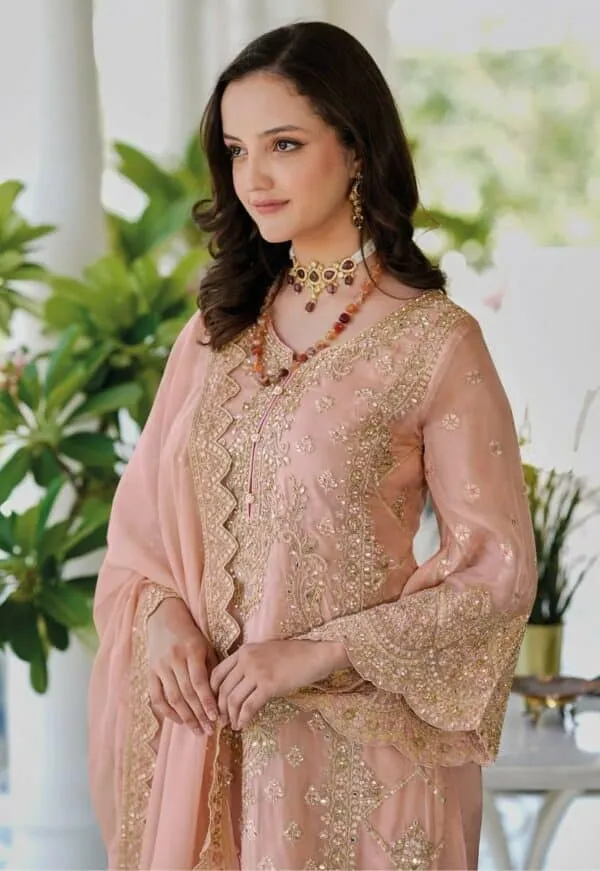 Pretty Peach Color Soft Organza Embroidery Work Salwar Suits With Dupatta