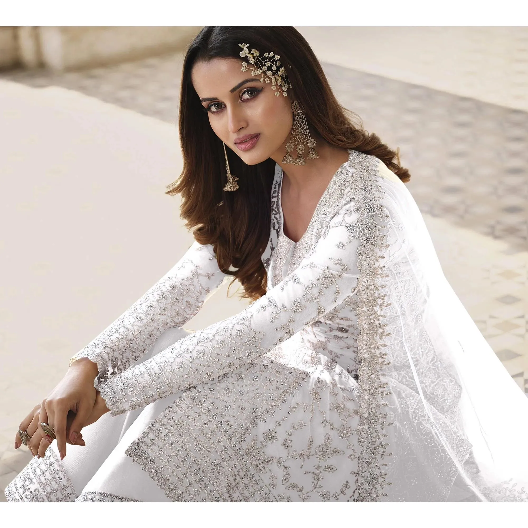 Pretty White Color Designer Embroidered Net Beautiful Palazzo Suit