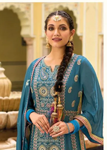 Ravishing Teal Blue Premium Silk And Embroidered Work Palazzo Suits With Fancy Dupatta