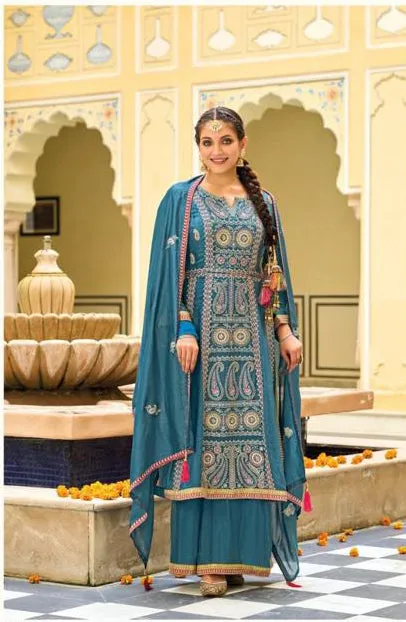 Ravishing Teal Blue Premium Silk And Embroidered Work Palazzo Suits With Fancy Dupatta