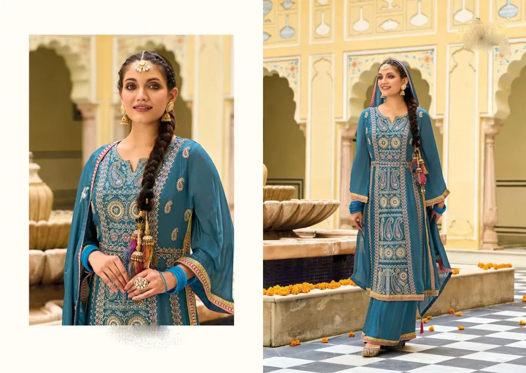 Ravishing Teal Blue Premium Silk And Embroidered Work Palazzo Suits With Fancy Dupatta