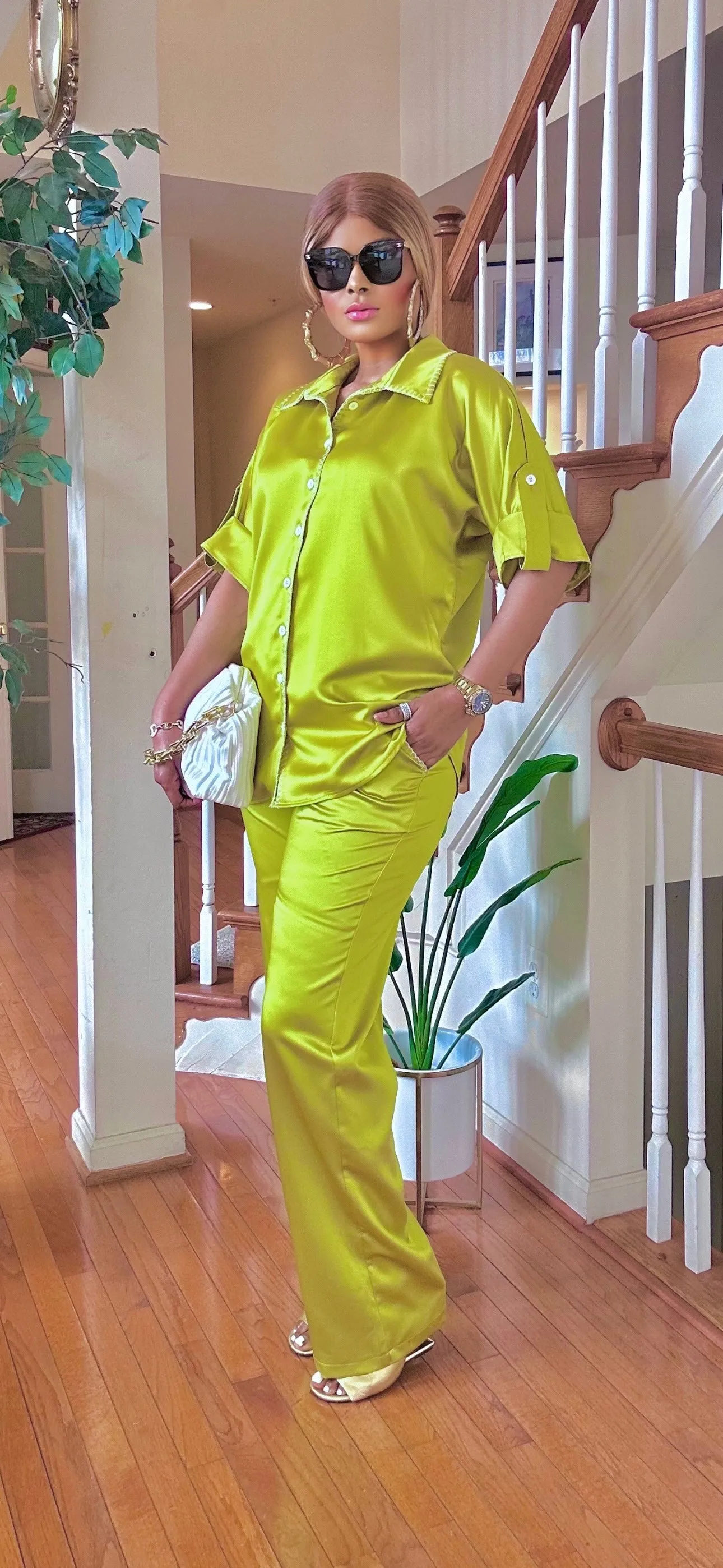 SATIN 2 PIECE BUTTON DOWN SHIRT/PALAZZO PANT(LEMON)