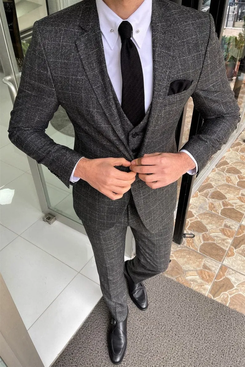 Slim Fit Black Plaid Wool Classic Suit