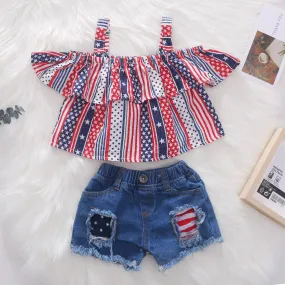 Strap Top Denim Shorts Independence Day Suit