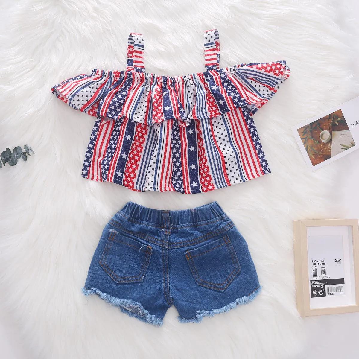 Strap Top Denim Shorts Independence Day Suit