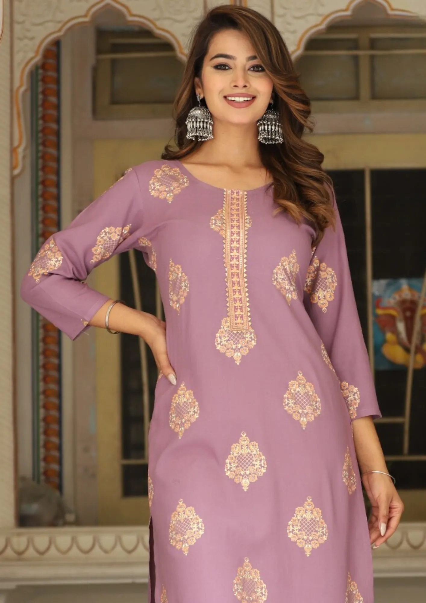 Stunning Purple Color Leaf Design Rayon Gold print Kurti For Women