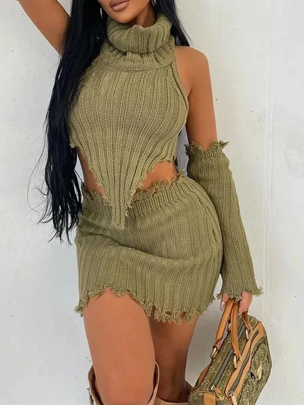 Unconventional Sweater Sets Women's Sets Long Sleeve Sexy Knitted Top  Skirt Set 3 piece sets