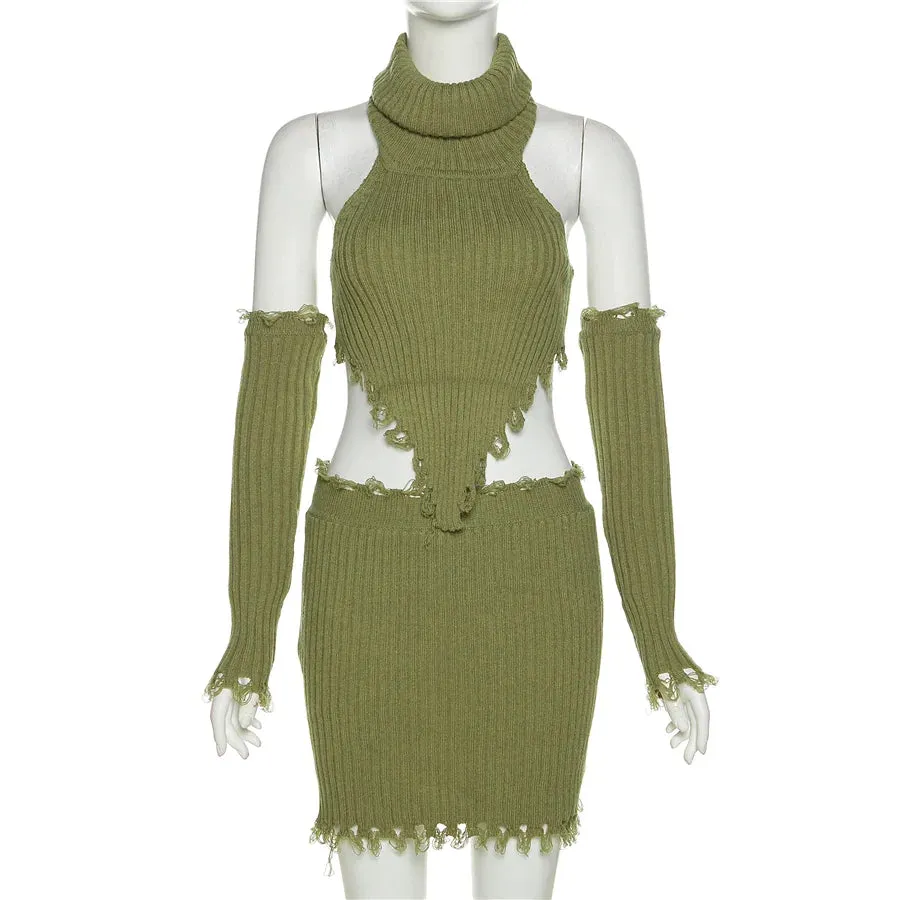 Unconventional Sweater Sets Women's Sets Long Sleeve Sexy Knitted Top  Skirt Set 3 piece sets