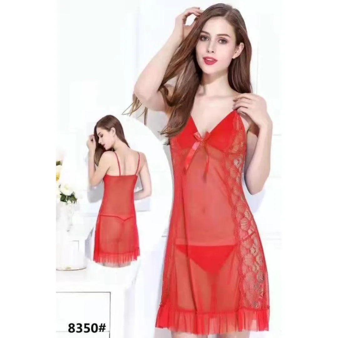 Women Sexy Short Nightdress V-Neck Style With G-string Panty 2 Pieces Sleepwear for Ladies