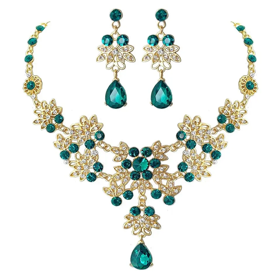 Women Style Gold Color Green Crystal Bridal Jewelry Sets Necklace Earrings