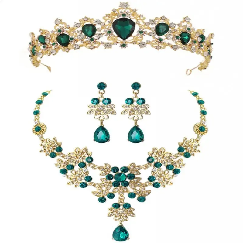 Women Style Gold Color Green Crystal Bridal Jewelry Sets Necklace Earrings