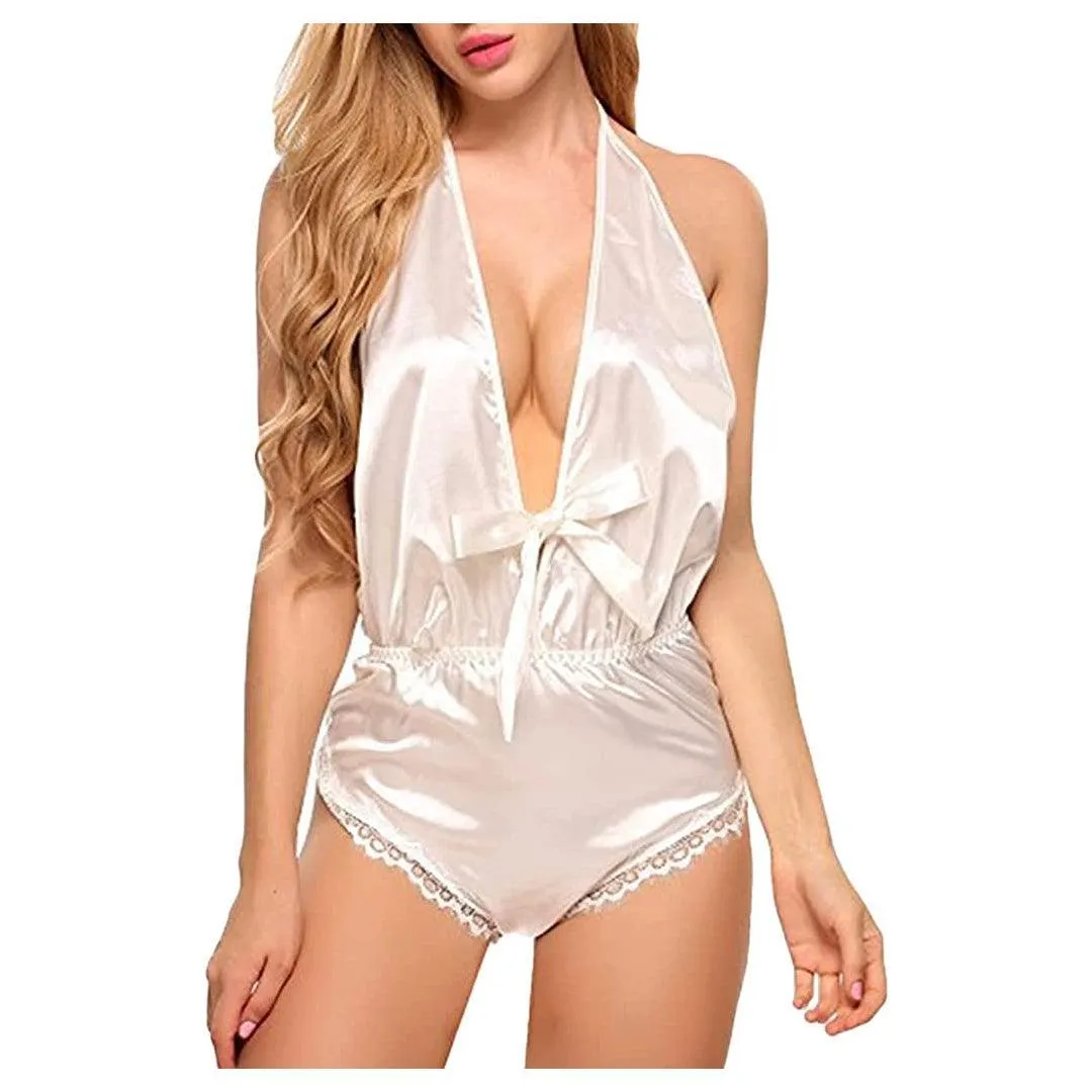 Womens Silk Lingerie Bodysuit One Piece Babydoll Sleepwear Halter Deep V-Neck Nightwear