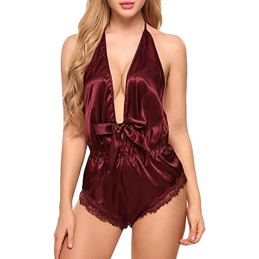 Womens Silk Lingerie Bodysuit One Piece Babydoll Sleepwear Halter Deep V-Neck Nightwear