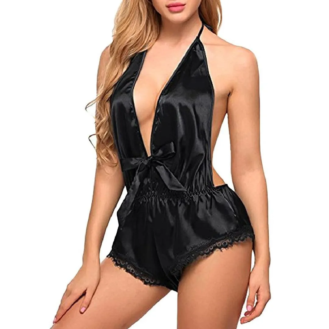 Womens Silk Lingerie Bodysuit One Piece Babydoll Sleepwear Halter Deep V-Neck Nightwear