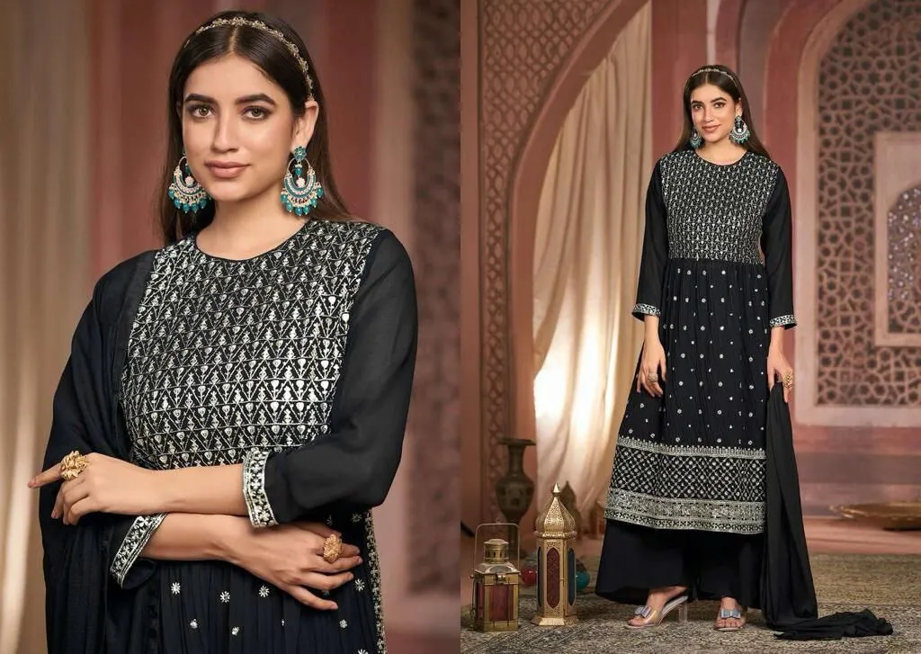 Wonderful Black Georgette Embroidered Party-Wear Designer Palazzo Suits For Women